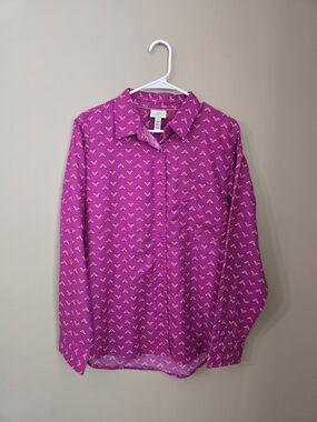 St. John's Bay Fuchsia Printed Long-Sleeve Button-Down Cotton Shirt Women Size L